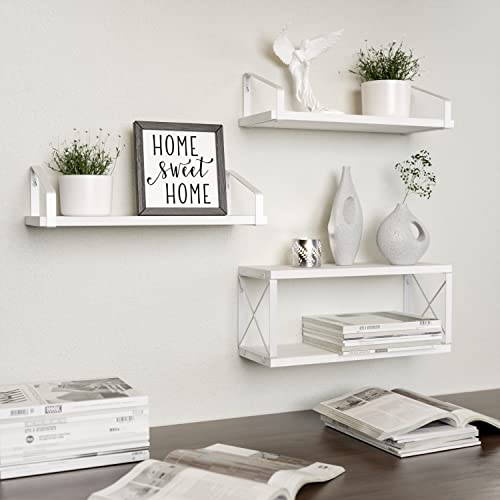 RICHER HOUSE 2-in-1 Floating Shelves Wall Mounted Set of 3, Rustic Wood Wall Shelves Over Toilet, Farmhouse Shelves for Wall Decor, with Paper Storage for Bedroom, Kitchen, Bathroom Organizer - White