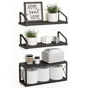 richer house 2-in-1 floating shelves wall mounted set of 3, rustic wood bathroom shelves over toilet, black shelves for wall decor with paper storage for bathroom, bedroom, kitchen - black