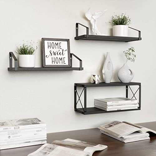 RICHER HOUSE 2-in-1 Floating Shelves Wall Mounted Set of 3, Rustic Wood Bathroom Shelves Over Toilet, Black Shelves for Wall Decor with Paper Storage for Bathroom, Bedroom, Kitchen - Black