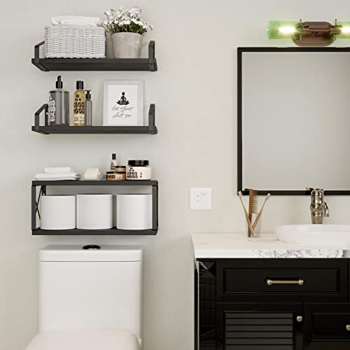 RICHER HOUSE 2-in-1 Floating Shelves Wall Mounted Set of 3, Rustic Wood Bathroom Shelves Over Toilet, Black Shelves for Wall Decor with Paper Storage for Bathroom, Bedroom, Kitchen - Black