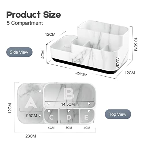 Jxvtomv Toothbrush Holder for Bathroom, Bathroom Organizer Countertop, Bathroom Storage Organizer for Toothpaste/Vanity Countertop and Other Items, 5 Compartments, White Marble Color