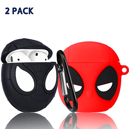 JoySolar 2 Packs for Airpod 1&2 Case Cute Cartoon Character 3D Soft Silicone Air Pods Funny Cover Kawaii Fun Cool Unique Shell Stylish Girls Kids Teens Women Cases for Airpods 1/2(Spidor+Deadpol)