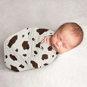 sweet jojo designs western cow print boy or girl swaddle blanket jersey stretch knit for newborn infant receiving security - brown and cream off white gender neutral wild west southern country animal