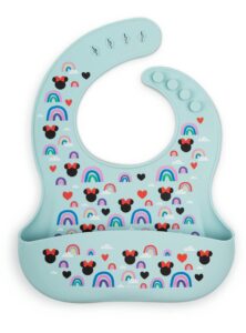 simple modern disney silicone bib for babies, toddlers | lightweight baby bibs for eating with food catcher pocket | soft silicone with adjustable fit | bennett collection | minnie mouse rainbow
