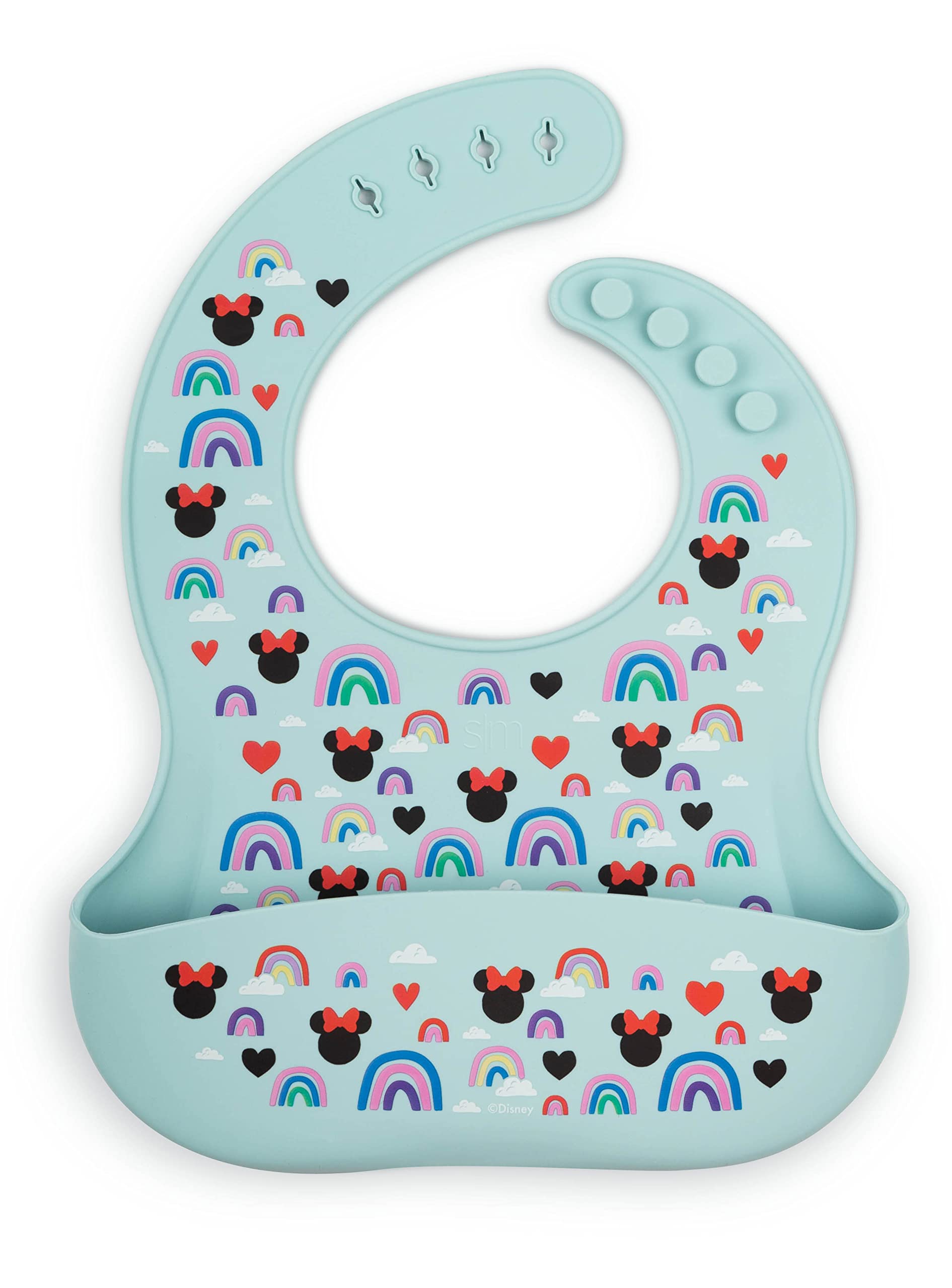 Simple Modern Disney Silicone Bib for Babies, Toddlers | Lightweight Baby Bibs for Eating with Food Catcher Pocket | Soft Silicone with Adjustable Fit | Bennett Collection | Minnie Mouse Rainbow