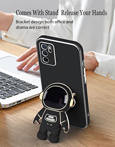 Compatible with Oppo A16 Case with Plating Creative Astronaut Cartoon Holder Pink,Oppo A16s Phone Case Silicone Shockproof Stand Soft TPU Protective Slim Cover (Black)