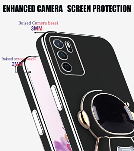 Compatible with Oppo A16 Case with Plating Creative Astronaut Cartoon Holder Pink,Oppo A16s Phone Case Silicone Shockproof Stand Soft TPU Protective Slim Cover (Black)