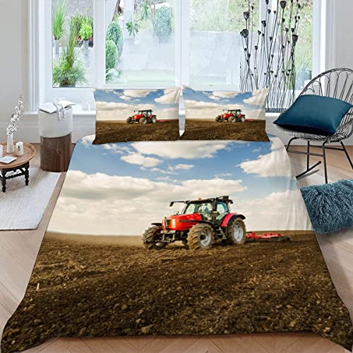 Quilt Cover Twin Size Tractor 3D Bedding Sets Agricultural Tractor Duvet Cover Breathable Hypoallergenic Stain Wrinkle Resistant Microfiber with Zipper Closure,beding Set with 2 Pillowcase