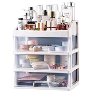 makeup organizer for vanity, skincare organizers with 3 drawers, cosmetics organizer for skin care, eyeshadow, brushes, lipstick, powders, nail polish.great for dresser, bedroom, bathroom (white)