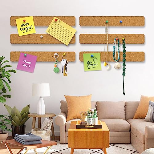 6 Pack Cork Board Strips, Self Adhesive Small Cork Board for Wall Desk Home Classroom Office with 50 Push Pins for Paste Notes, Photos, Schedules