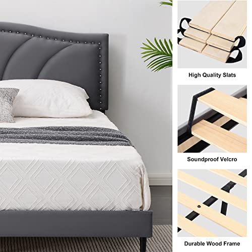 AsKmore Queen Size Bed Frame,Velvet Upholstered Platform Bed with Decorative Flower Line & Nailhead Trim Headboard with Wood Slat Support,No Box Spring Needed，Easy Assembly, Grey