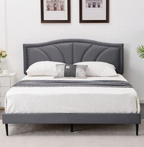 askmore queen size bed frame,velvet upholstered platform bed with decorative flower line & nailhead trim headboard with wood slat support,no box spring needed，easy assembly, grey