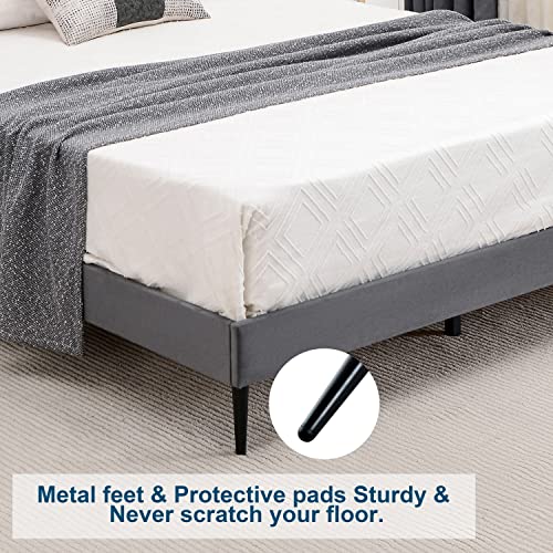 AsKmore Queen Size Bed Frame,Velvet Upholstered Platform Bed with Decorative Flower Line & Nailhead Trim Headboard with Wood Slat Support,No Box Spring Needed，Easy Assembly, Grey