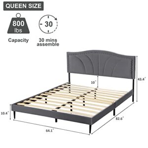 AsKmore Queen Size Bed Frame,Velvet Upholstered Platform Bed with Decorative Flower Line & Nailhead Trim Headboard with Wood Slat Support,No Box Spring Needed，Easy Assembly, Grey