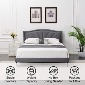 AsKmore Queen Size Bed Frame,Velvet Upholstered Platform Bed with Decorative Flower Line & Nailhead Trim Headboard with Wood Slat Support,No Box Spring Needed，Easy Assembly, Grey