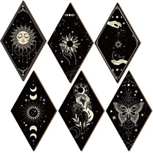 6 pieces hallowen wall decor gothic skeleton boho wall art moon stars sun witchy phases home decor wooden minimalist wall pediments for halloween gallery living bedroom room (boho)