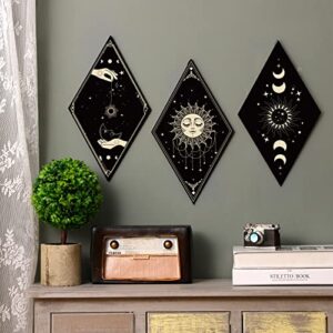 6 Pieces Hallowen Wall Decor Gothic Skeleton Boho Wall Art Moon Stars Sun Witchy Phases Home Decor Wooden Minimalist Wall Pediments for Halloween Gallery Living Bedroom Room (Boho)