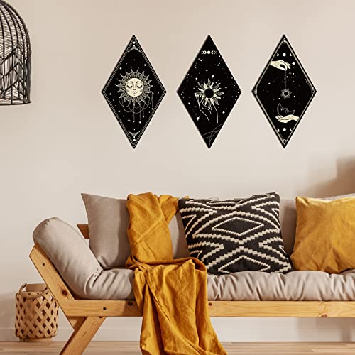 6 Pieces Hallowen Wall Decor Gothic Skeleton Boho Wall Art Moon Stars Sun Witchy Phases Home Decor Wooden Minimalist Wall Pediments for Halloween Gallery Living Bedroom Room (Boho)
