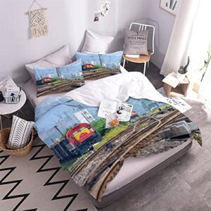Quilt Cover Full Size Vintage Train 3D Bedding Sets Retro Train Duvet Cover Breathable Hypoallergenic Stain Wrinkle Resistant Microfiber with Zipper Closure,beding Set with 2 Pillowcase