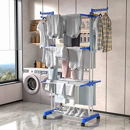 Large Clothes Drying Rack, 4-Tier Clothes Drying Rack with 67H x 19W x 30L Inches, Movable Clothes Drying Rack with Casters for Indoor/Outdoor for Drying Clothes, Bed Covers, Shoes, Sofa Covers etc