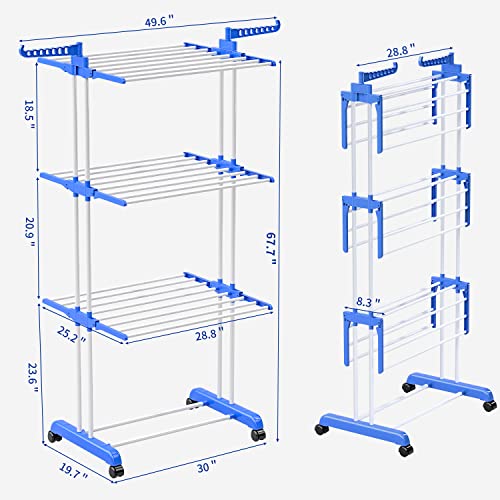 Large Clothes Drying Rack, 4-Tier Clothes Drying Rack with 67H x 19W x 30L Inches, Movable Clothes Drying Rack with Casters for Indoor/Outdoor for Drying Clothes, Bed Covers, Shoes, Sofa Covers etc