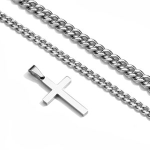 Zocomi Layered Cross Necklace for Men Boys Stainless Steel Cross Pendant Cuban Link Chain Religious Christian Christmas Gift Valentine's Day Him(Silver)