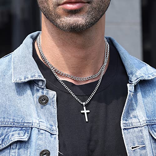 Zocomi Layered Cross Necklace for Men Boys Stainless Steel Cross Pendant Cuban Link Chain Religious Christian Christmas Gift Valentine's Day Him(Silver)