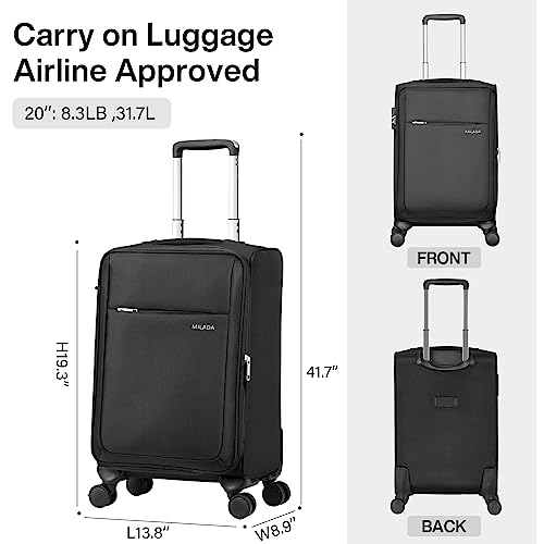 MILADA Luggage Suitcase Softside Expandable Carry on Luggage 22x14x9 Airline Approved Spinner Wheels Suitcases with Wheels Carry on Size Travel Luggage TSA Approved Luggage for Women Man,Black