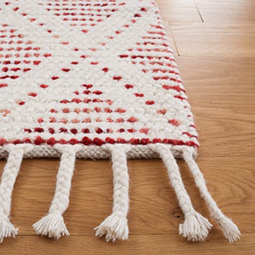 Safavieh Natura Collection Accent Rug - 4' x 6', Ivory & Red, Handmade Moroccan Boho Farmhouse Trellis Braided Tassel Wool, Ideal for High Traffic Areas in Entryway, Living Room, Bedroom (NAT183Q)