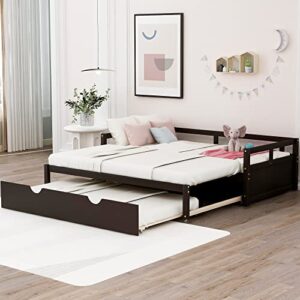 merax modern wood daybed with pop up trundle twin to king triple sofa bed frame for kids teens adults/no box spring needed espresso