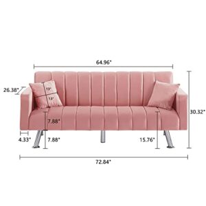 AWQM Sofa Bed, Upholstered Convertible Sofa Bed with 2 Pillows, Modern Sleeper Sofa Couch with Wooden Frame and Metal Legs, Comfortable Velvet Sofa Suitable for Living Room Bedroom Office (Pink)