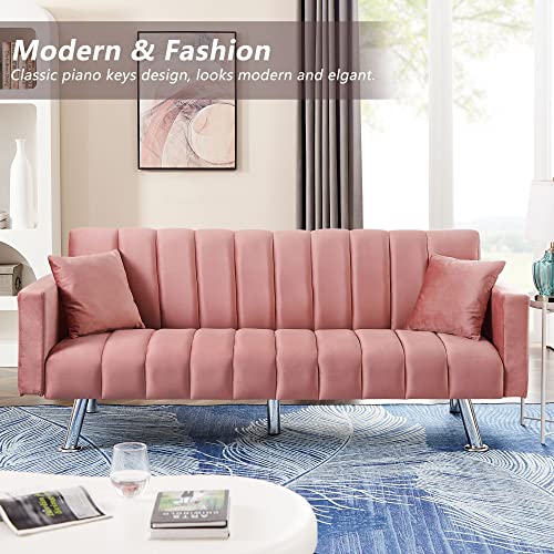 AWQM Sofa Bed, Upholstered Convertible Sofa Bed with 2 Pillows, Modern Sleeper Sofa Couch with Wooden Frame and Metal Legs, Comfortable Velvet Sofa Suitable for Living Room Bedroom Office (Pink)