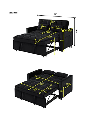 P PURLOVE Modern Velvet Convertible Loveseat Sleeper Sofa Couch with Adjustable Backrest, 2 Seater Sofa with Pull-Out Bed with Side Pocket,2 Pillows for Small Living Room & Apartment