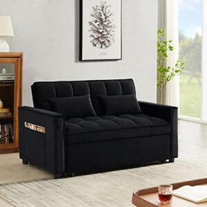 P PURLOVE Modern Velvet Convertible Loveseat Sleeper Sofa Couch with Adjustable Backrest, 2 Seater Sofa with Pull-Out Bed with Side Pocket,2 Pillows for Small Living Room & Apartment