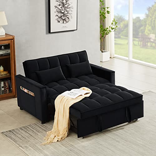 P PURLOVE Modern Velvet Convertible Loveseat Sleeper Sofa Couch with Adjustable Backrest, 2 Seater Sofa with Pull-Out Bed with Side Pocket,2 Pillows for Small Living Room & Apartment