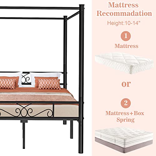 Codesfir Queen Size Metal Canopy Bed Frame, Four-Poster Canopied Platform Bed Frame with Headboard and Footboard, Sturdy Metal Slatted Structure, No Box Spring Needed, Easy Assembly, Black