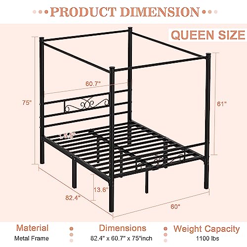 Codesfir Queen Size Metal Canopy Bed Frame, Four-Poster Canopied Platform Bed Frame with Headboard and Footboard, Sturdy Metal Slatted Structure, No Box Spring Needed, Easy Assembly, Black