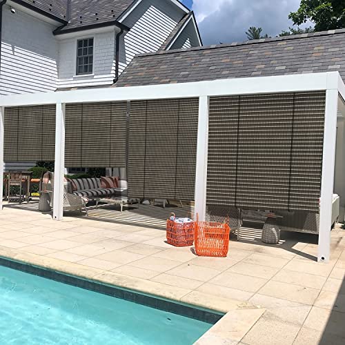 ECOOPTS Outdoor Roller Shade, Striped Hollow Out Roll Up Shade Blind Sun Shade for Patio Porch Back Yard Gazebo Deck Balcony (6'W x 6'L, Brown)