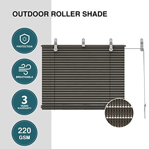 ECOOPTS Outdoor Roller Shade, Striped Hollow Out Roll Up Shade Blind Sun Shade for Patio Porch Back Yard Gazebo Deck Balcony (6'W x 6'L, Brown)