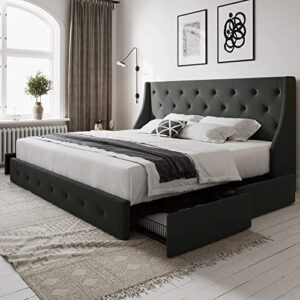 allewie full size bed frame with 4 storage drawers and wingback headboard, button tufted design, no box spring needed, dark grey