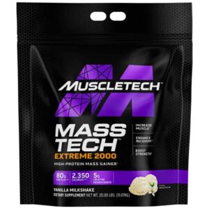 muscletech mass gainer protein powder, mass-tech extreme 2000, muscle builder whey protein powder, protein + creatine + carbs, max-protein weight gainer for women & men, vanilla, 20 lbs