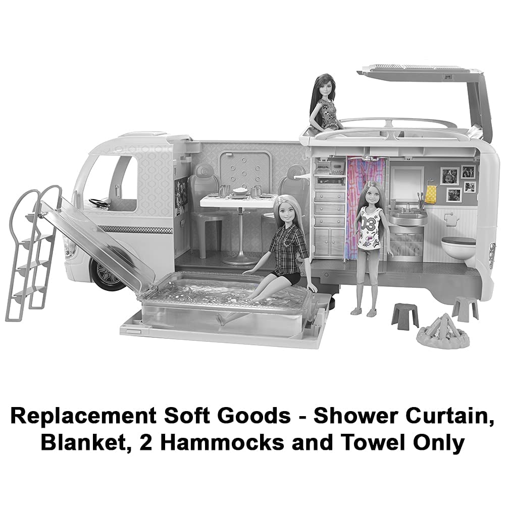 Barbie Replacement Parts Camper Playset - FBR34 ~ Replacement Soft Goods ~ Shower Curtain, Blanket, 2 Hammocks and Towel