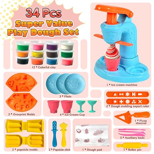 Play Dough for Kids, Dear Deer 34 Pcs Kids Ice Cream Maker Playdough Sets Ice Cream Maker Machine Play Dough Tools with 12 Clay Dough, 3 4 6 8 Years Old Boys and Girls Dough Birthday Gift