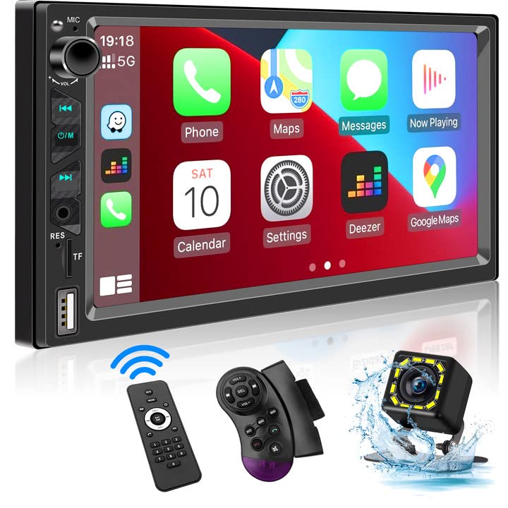 Double Din Car Stereo Compatible with Voice Control Apple Carplay&Android Auto-7 Inch HD LCD Touchscreen Monitor,Mirror Link,Subwoofer,Backup Camera,Bluetooth,AM/FM Car Radio,USB/TF/AUX Port,SWC,Gifts