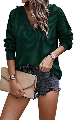 PRETTYGARDEN Women’s Casual Long Sleeve V Neck Hoodie Loose Slouchy Jumper Tops Ribbed Knitted Sweater (Dark Green, Large)