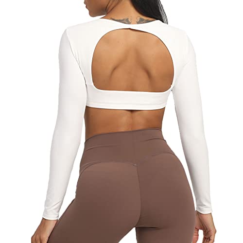 Aoxjox Long Sleeve Crop Tops for Women Clarissa Backless Workout Crop T Shirt Top (White, Medium)