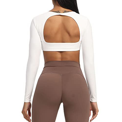 Aoxjox Long Sleeve Crop Tops for Women Clarissa Backless Workout Crop T Shirt Top (White, Medium)