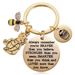 inspired by winnie the pooh classic gifts you are braver than you believe, bee, honey pot, pooh bear charm keychain for pooh loving women girls, gold