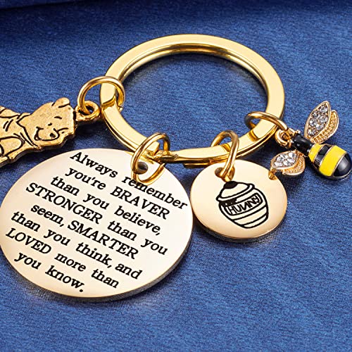 Inspired by Winnie the Pooh Classic Gifts You Are Braver Than You Believe, Bee, Honey Pot, Pooh Bear Charm Keychain for Pooh Loving Women Girls, Gold