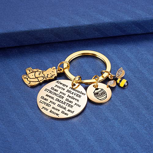 Inspired by Winnie the Pooh Classic Gifts You Are Braver Than You Believe, Bee, Honey Pot, Pooh Bear Charm Keychain for Pooh Loving Women Girls, Gold